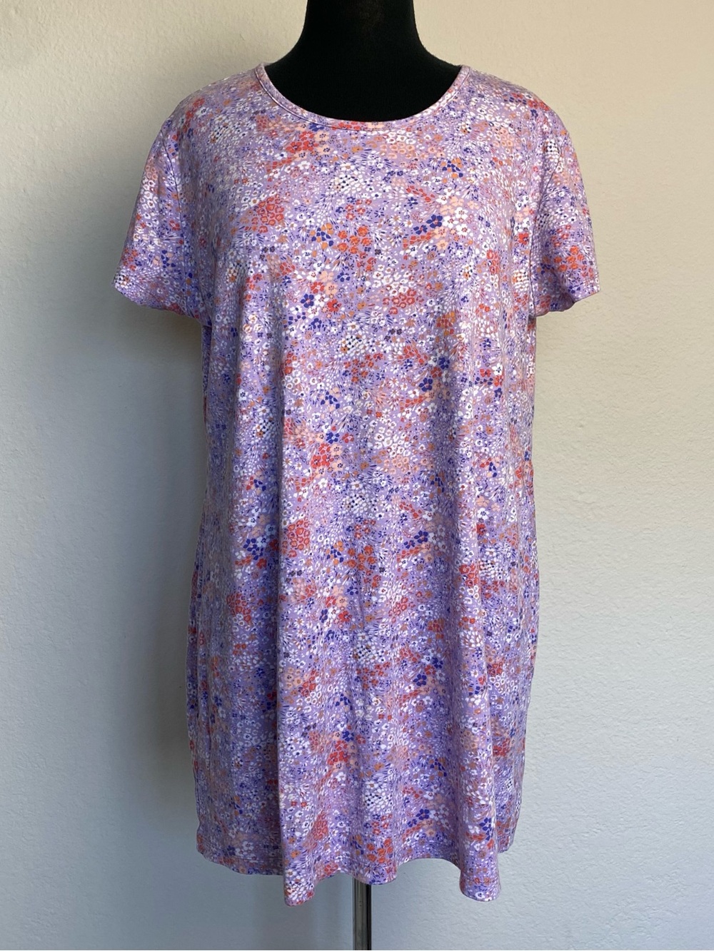 Lands End Short Sleeve Short Nightgown Womens Large Purple Floral 100% Cotton